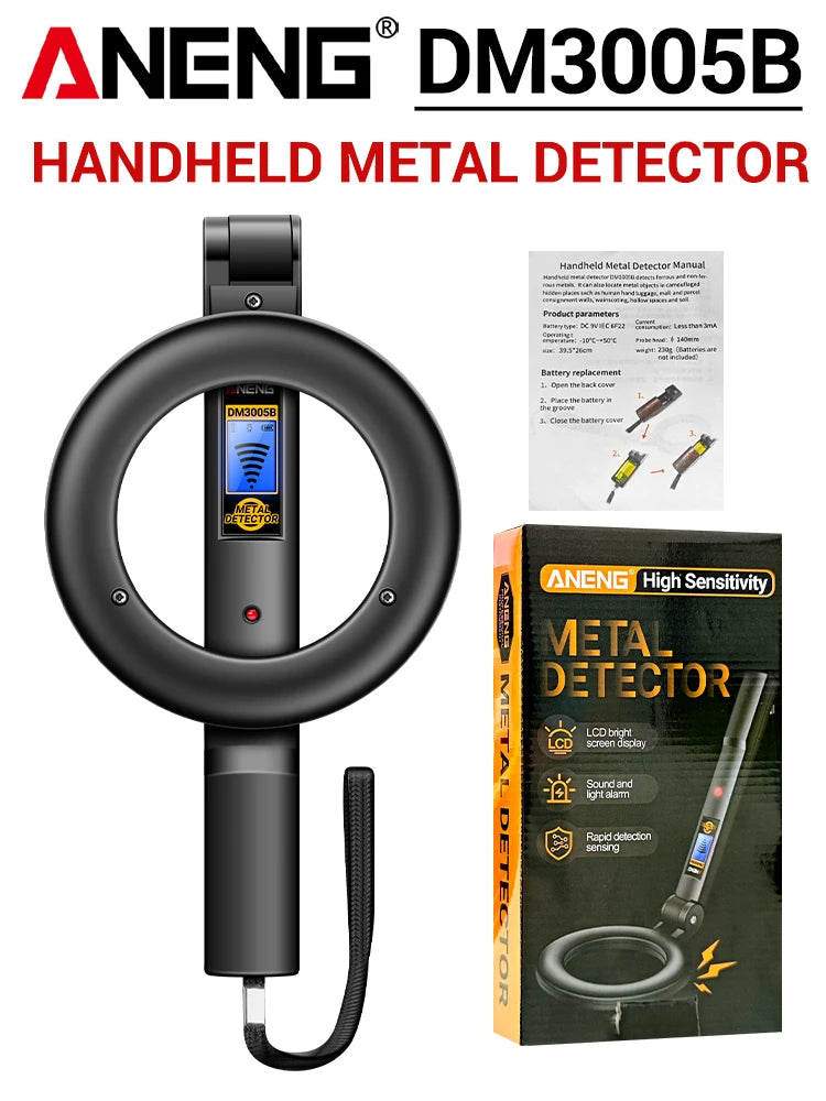 Aneng DM3005B håndholdt metalldetektor med svart spole og skjermenhet.