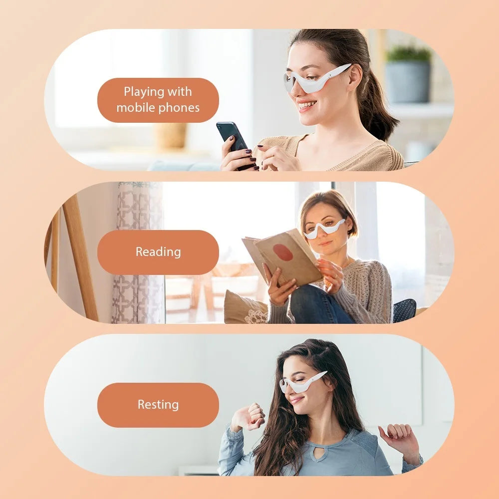 Three lifestyle activities shown: playing with mobile phones, reading, and resting with an eye massager.