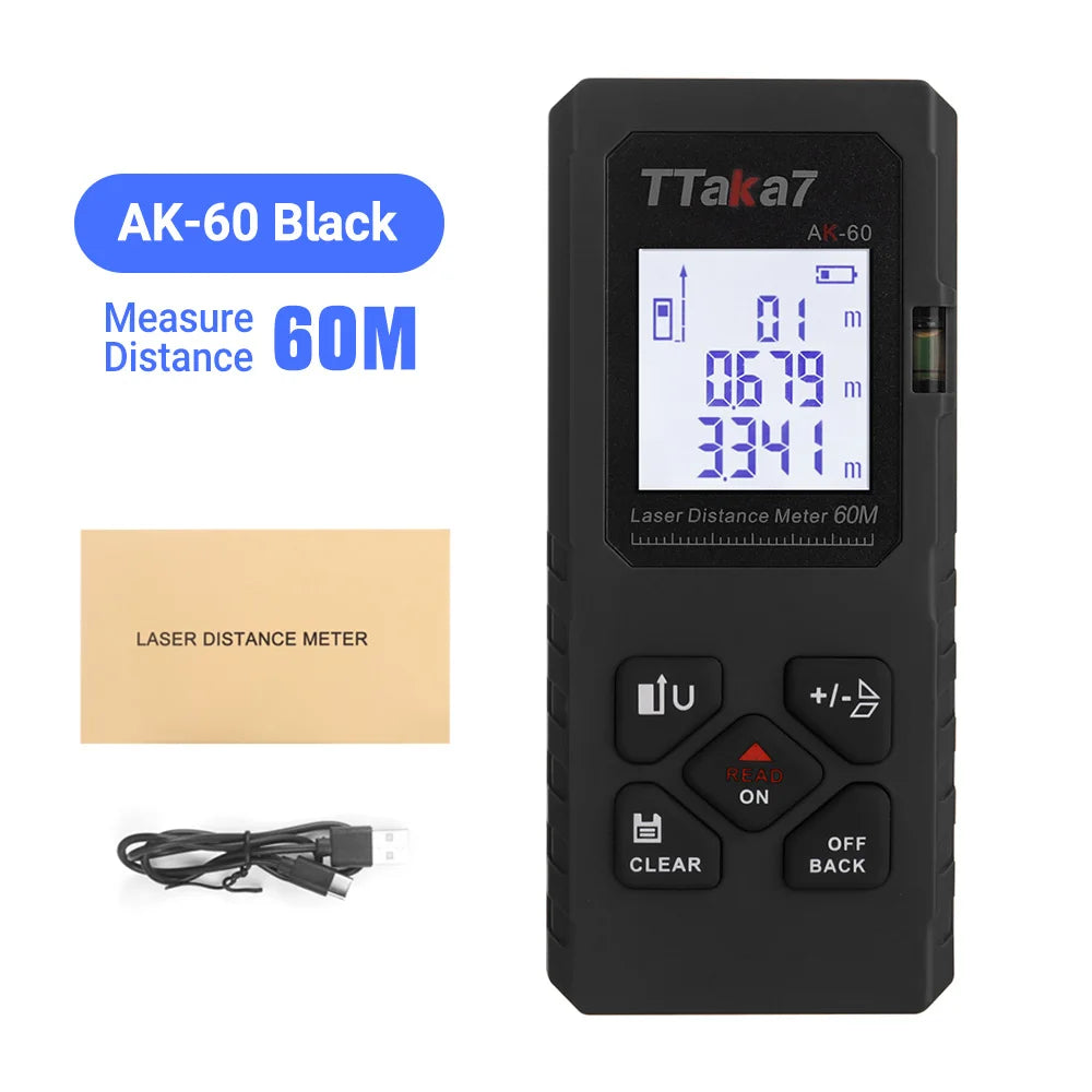 Black TTaka7 laser distance meter showing a measurement of 0.0679 meters