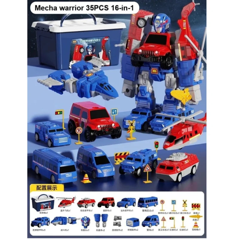A set of magnetic engineering car robot building blocks featuring a red and blue vehicle and accessories.