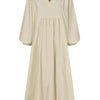 A beige women's cotton-linen blend dress with a V-neck and bell sleeves.