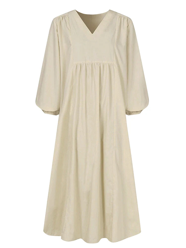 A beige women's cotton-linen blend dress with a V-neck and bell sleeves.