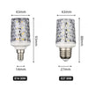 A pair of LED corn light bulbs, one E14 30W and one E27 30W, showing their dimensions.