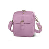 A mauve vintage vegan leather messenger bag with a gold-toned clasp and adjustable strap.