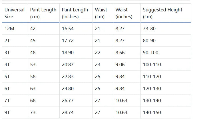 A size chart detailing measurements for kids fleece-lined polka dot pants across various sizes from 12M to 9T.