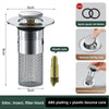 Stainless steel press-type sink drain stopper with a plastic core and silicone mesh filter block