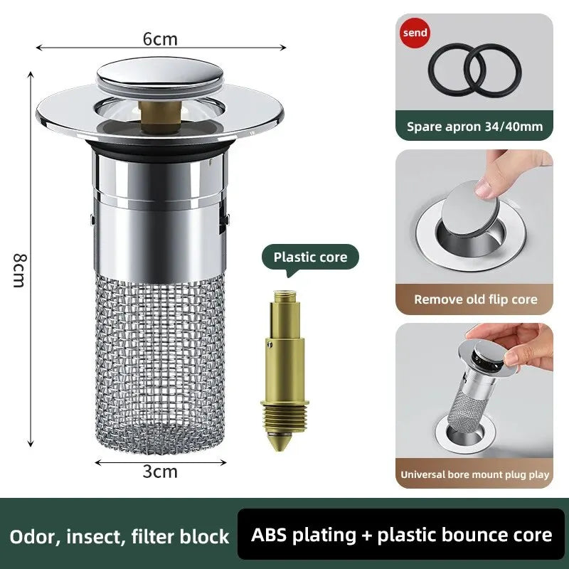 Stainless steel press-type sink drain stopper with a plastic core and silicone mesh filter block