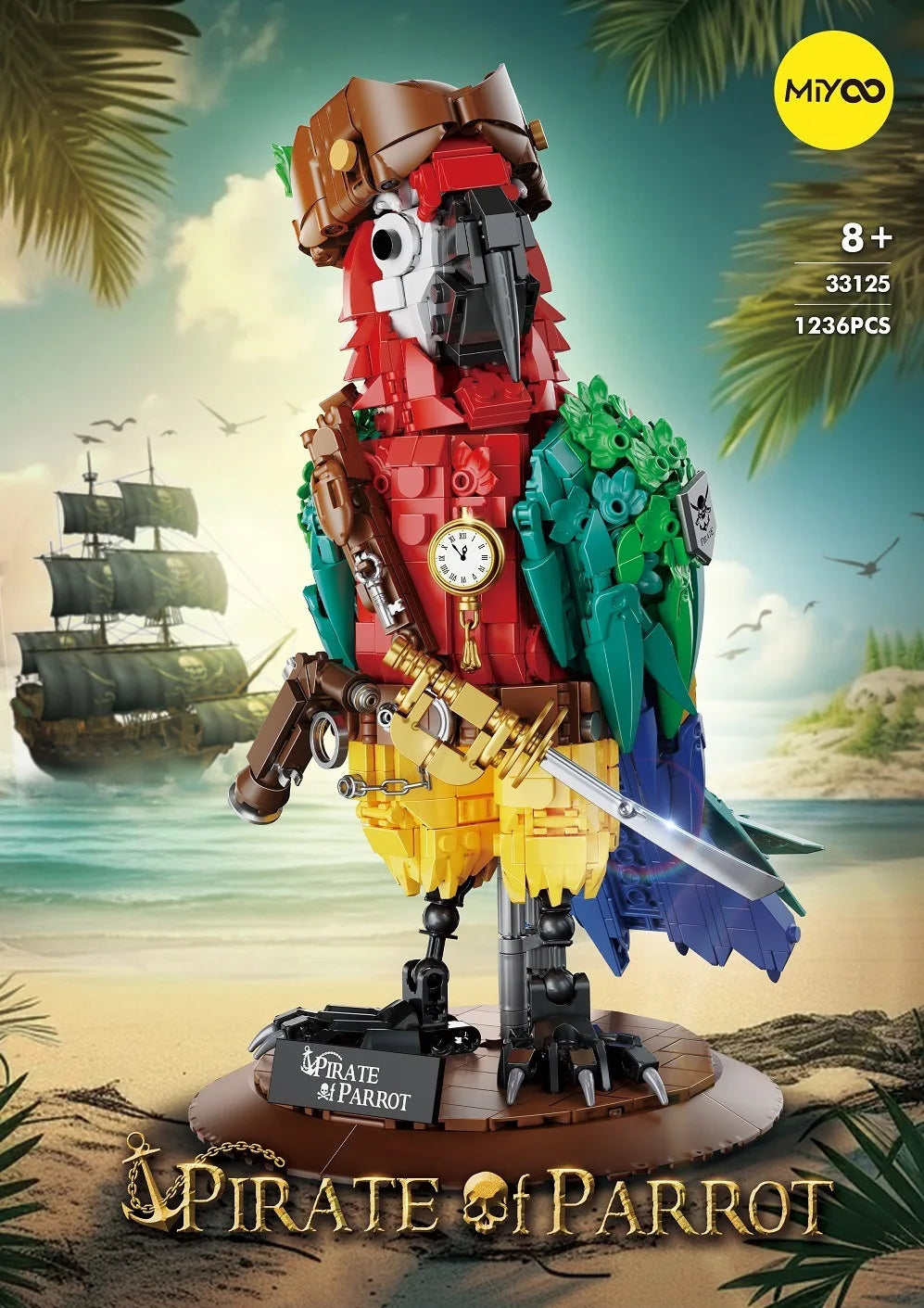 A pirate parrot sculpture built from building blocks, featuring red and green colors on a wooden base.