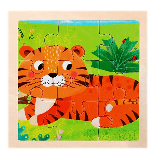 A jigsaw puzzle featuring an orange tiger face and body set against a green grassy background.