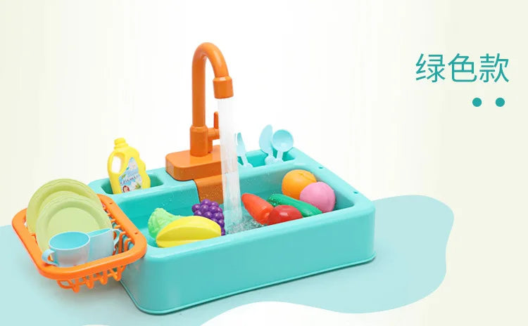 A children's pretend play kitchen sink set with running water, featuring various colorful food items and utensils.