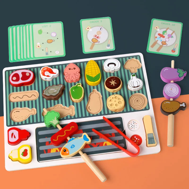 A wooden BBQ playset featuring various food items and matching game cards for children.