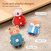 Three felt animal designs including a Button Koala, Zipper Fox, and Button Bear on a wooden board.