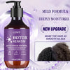 Mørkbrun flaske med Botox Keratin hårmaske og svart pumpe på lilla bakgrunn.