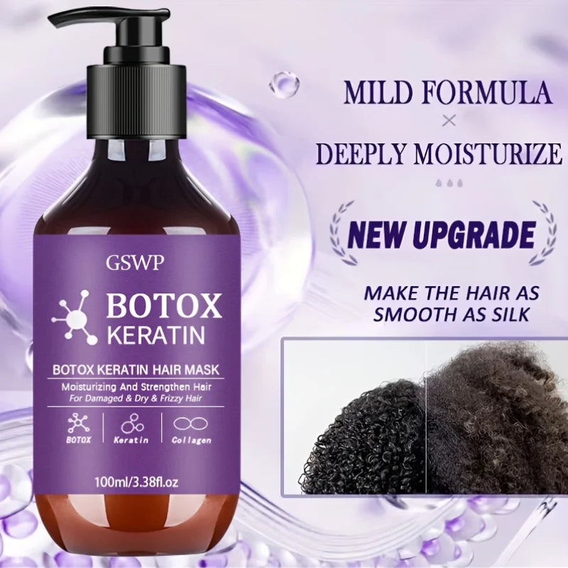 Mørkbrun flaske med Botox Keratin hårmaske og svart pumpe på lilla bakgrunn.