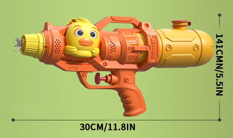 An orange water toy resembling a yellow dinosaur head is shown against a green background.