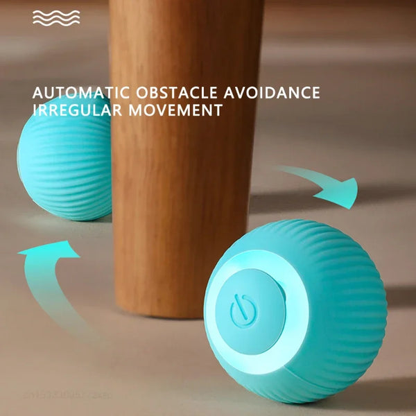 A light blue interactive rolling cat ball is shown next to a wooden cylinder, demonstrating automatic obstacle avoidance move