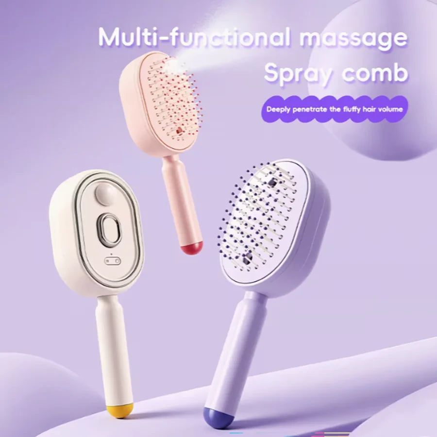 A multi-functional massage spray comb hair brush in pink and white is shown with text describing its use for fluffy hair volu