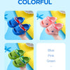 A collection of colorful kids shark clog sandals in blue, pink, and green shown on a hand.