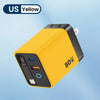 A yellow 80W USB-C fast charger with a black housing and retractable cable is shown against a light blue background.