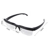 Black adjustable focus reading glasses with clear lenses and black frames shown from the side.