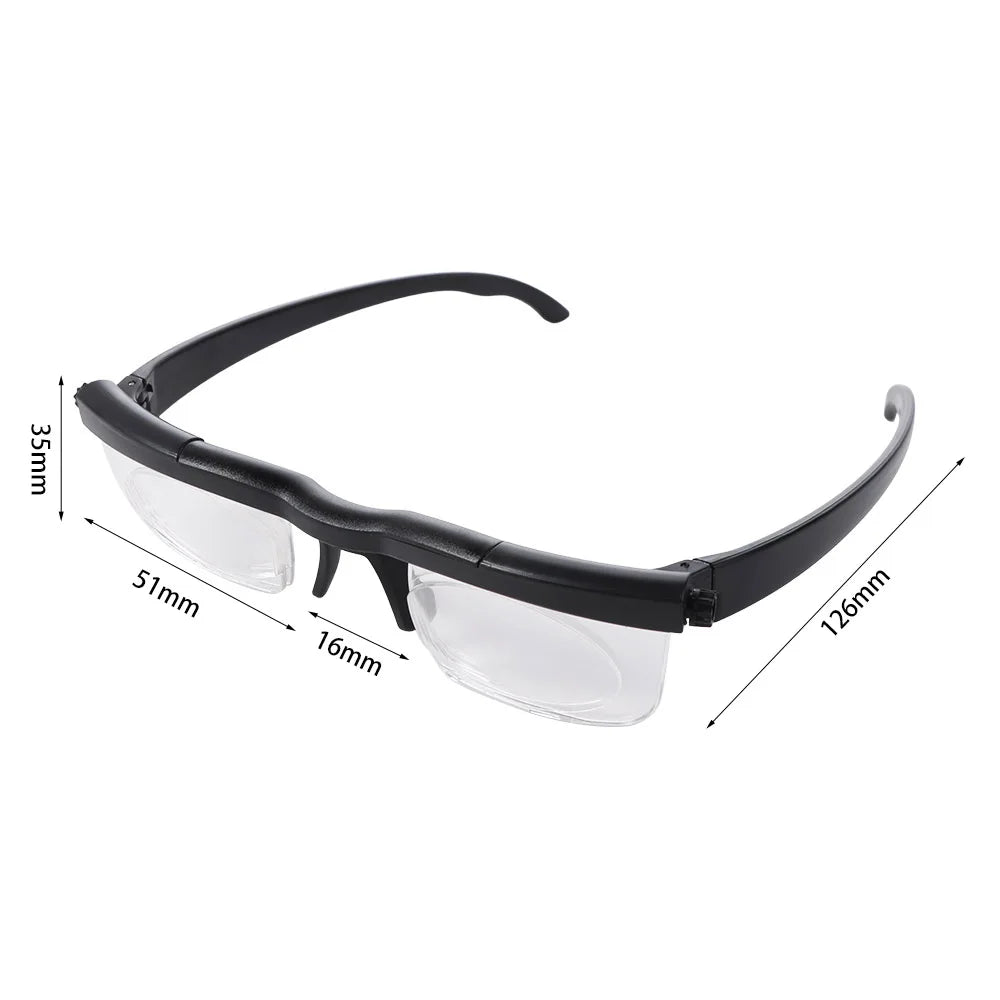 Black adjustable focus reading glasses with clear lenses and black frames shown from the side.