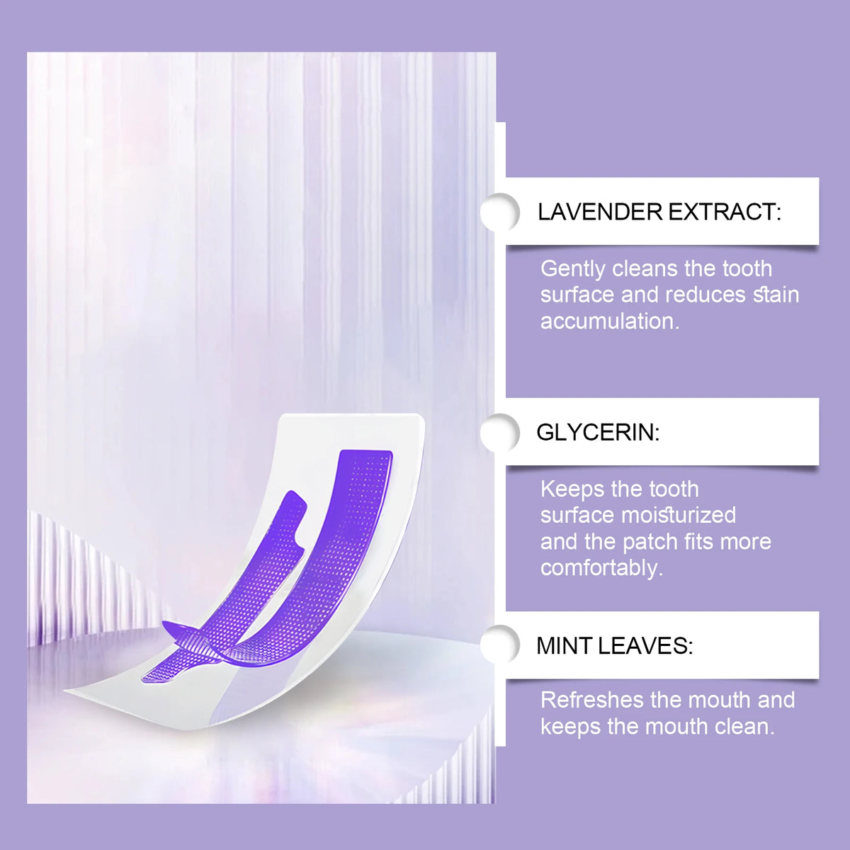Exhibición de producto con extracto de lavanda, glicerina y hojas de menta para tiras de limpieza dental.