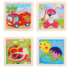A set of wooden 3D dinosaur puzzles featuring a red construction vehicle, a pink rabbit, and a red snail.