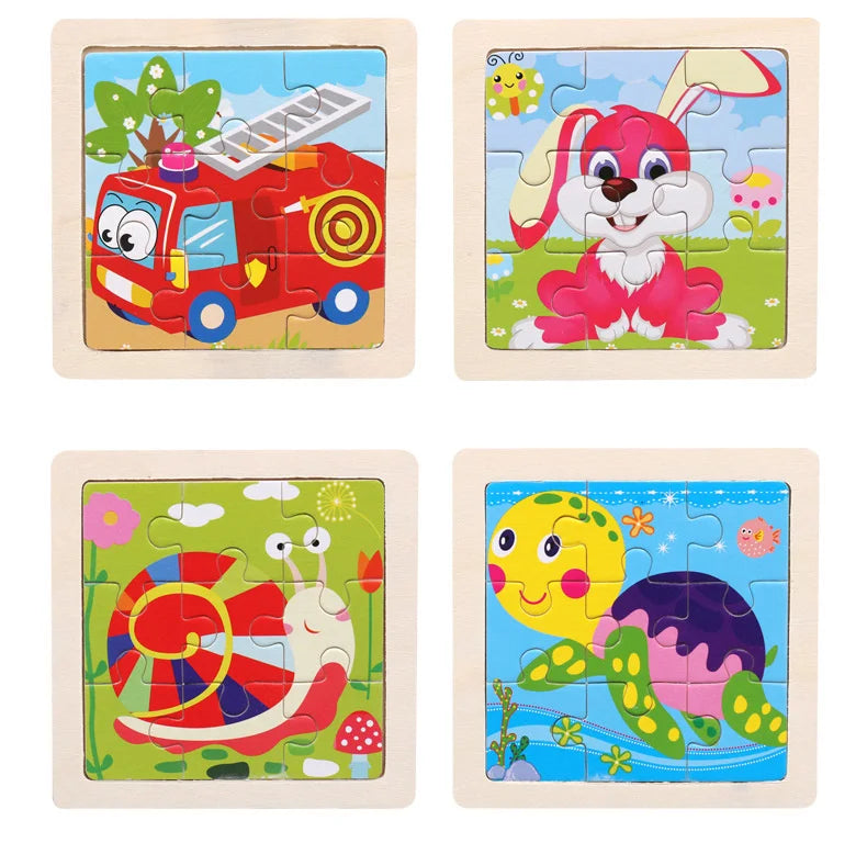 A set of wooden 3D dinosaur puzzles featuring a red construction vehicle, a pink rabbit, and a red snail.