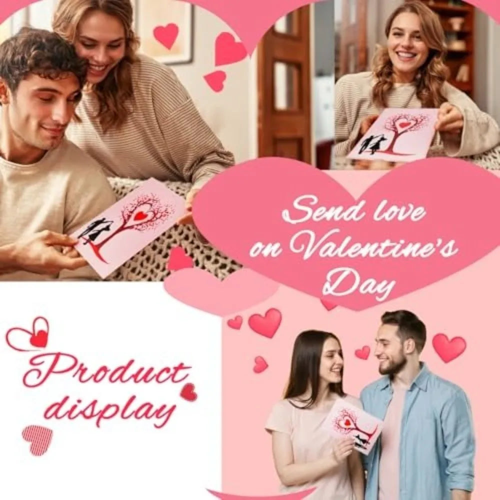 A pink heart graphic featuring a 3D pop-up love tree card with a couple silhouette for Valentine's Day.