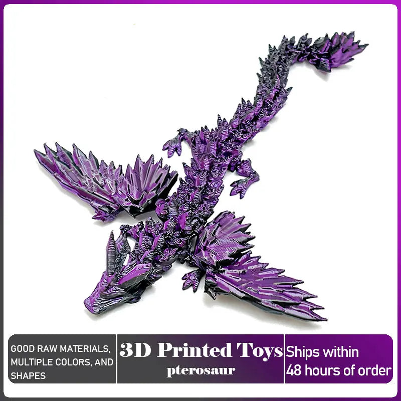 Figurilla de pterosaurio impresa en 3D, color púrpura, con escamas y alas detalladas.