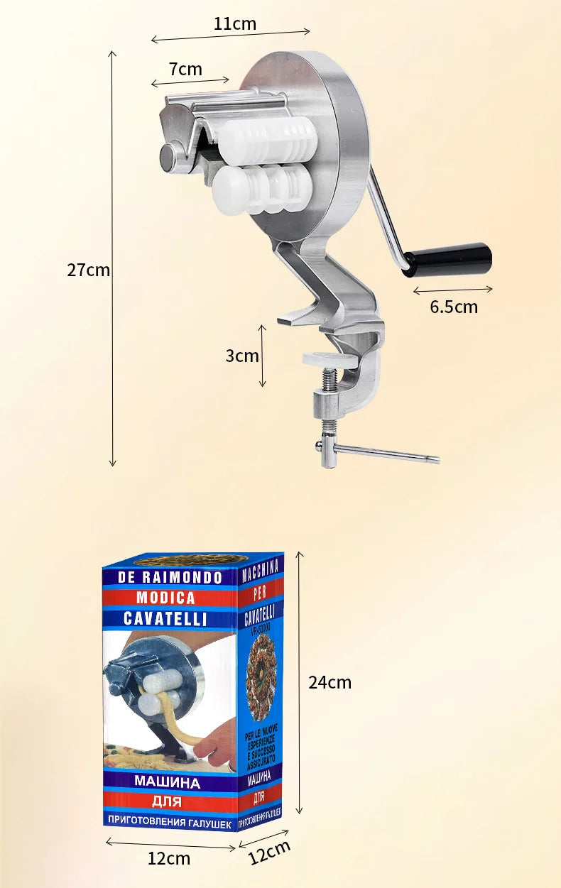 A silver hand-operated machine for making cavatelli pasta, shown with dimensions.