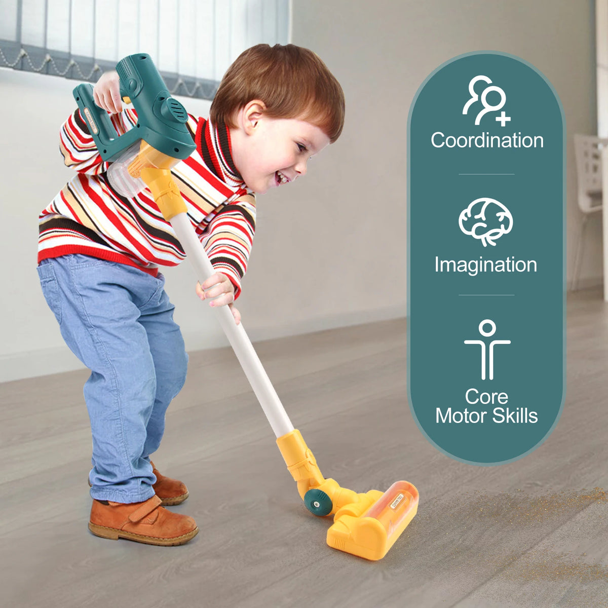 A young child is playing with a yellow interactive toy vacuum cleaner on a wooden floor.