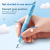A hand holds a light blue mechanical pencil, demonstrating the correct three-finger grip position for writing.