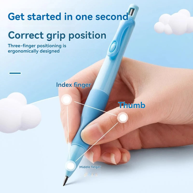 A hand holds a light blue mechanical pencil, demonstrating the correct three-finger grip position for writing.