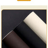 Close-up view of black and beige breathable perforated leather patches for repair on various items like car seats and sofas.