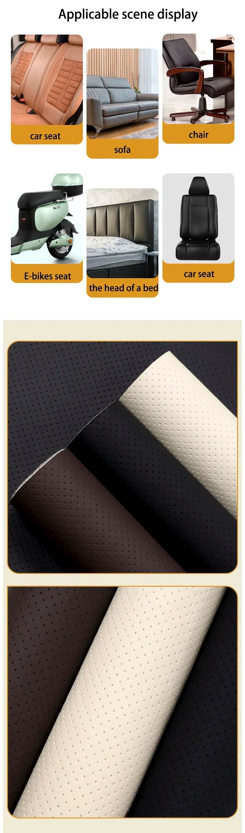 Close-up view of black and beige breathable perforated leather patches for repair on various items like car seats and sofas.