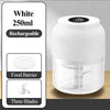 White 250ml rechargeable blender with a food barrier and three blades shown on a wooden surface.