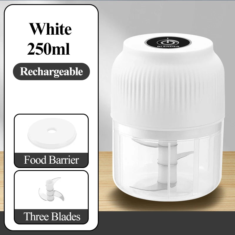 White 250ml rechargeable blender with a food barrier and three blades shown on a wooden surface.