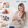 A smiling woman is using a smartphone while sitting on a couch, with various icons for kid, pet, office, and home contexts vi