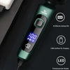 A close-up of a green 9D shaver with a floating head and LED display showing battery life and charging status.