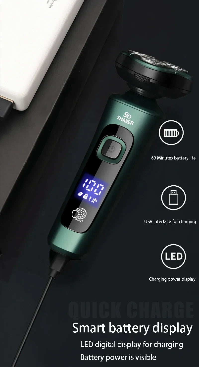 A close-up of a green 9D shaver with a floating head and LED display showing battery life and charging status.