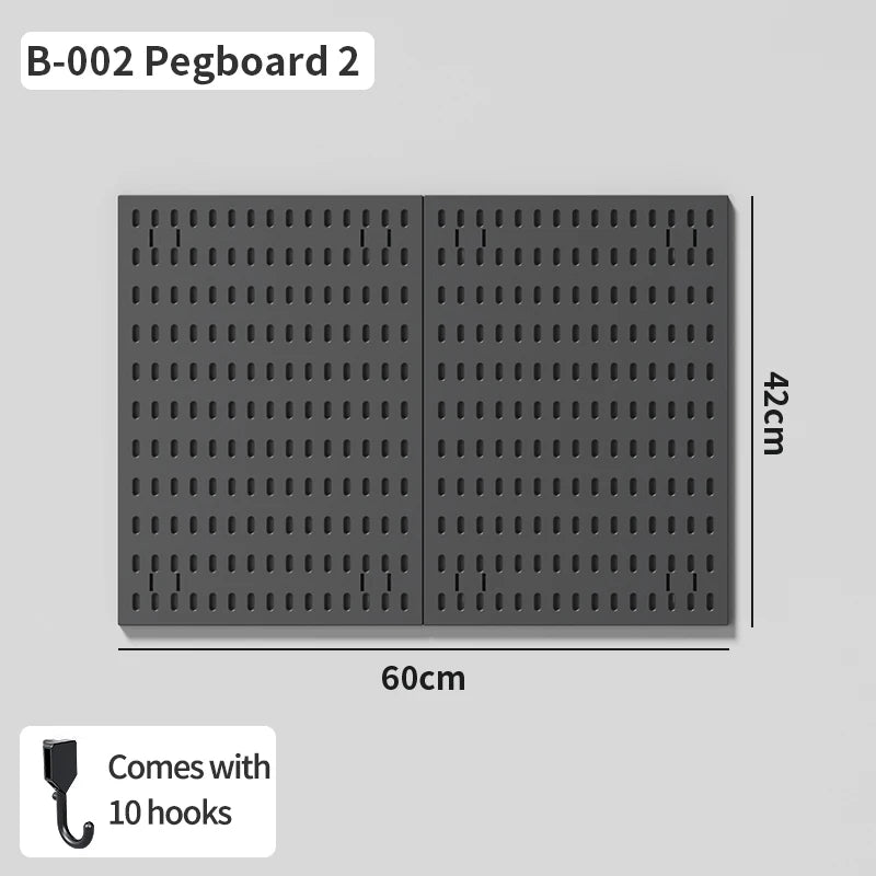 A gray pegboard panel with multiple holes and 10 hooks, measuring 60cm by 42cm.