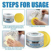 Instructions showing how to use shoe cleaning cream with a sponge and cloth on white sneakers.