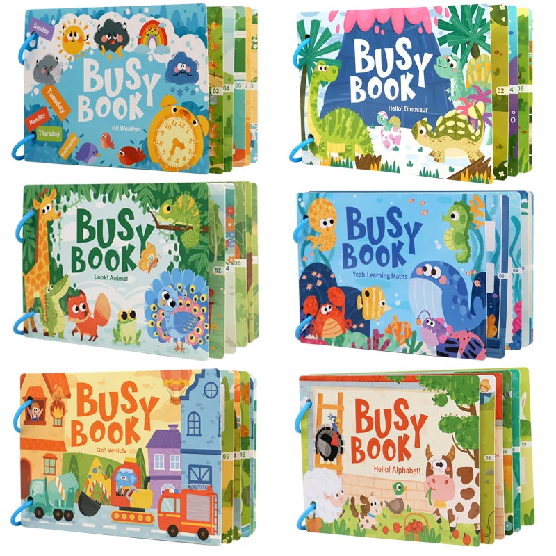 A set of colorful Busy Book cards featuring animals and vehicles for toddlers.
