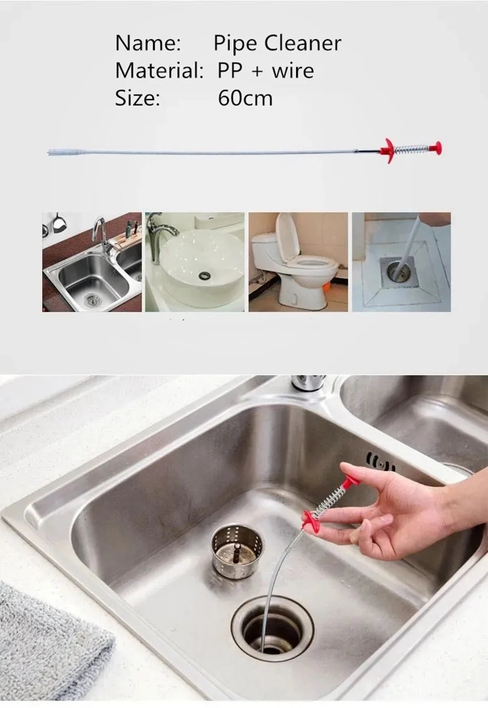 A hand is using a flexible drain snake cleaner to clear a clogged sink drain.
