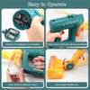 A green toy vacuum cleaner is shown with instructions for battery installation, operation, and multi-angle flexible use.