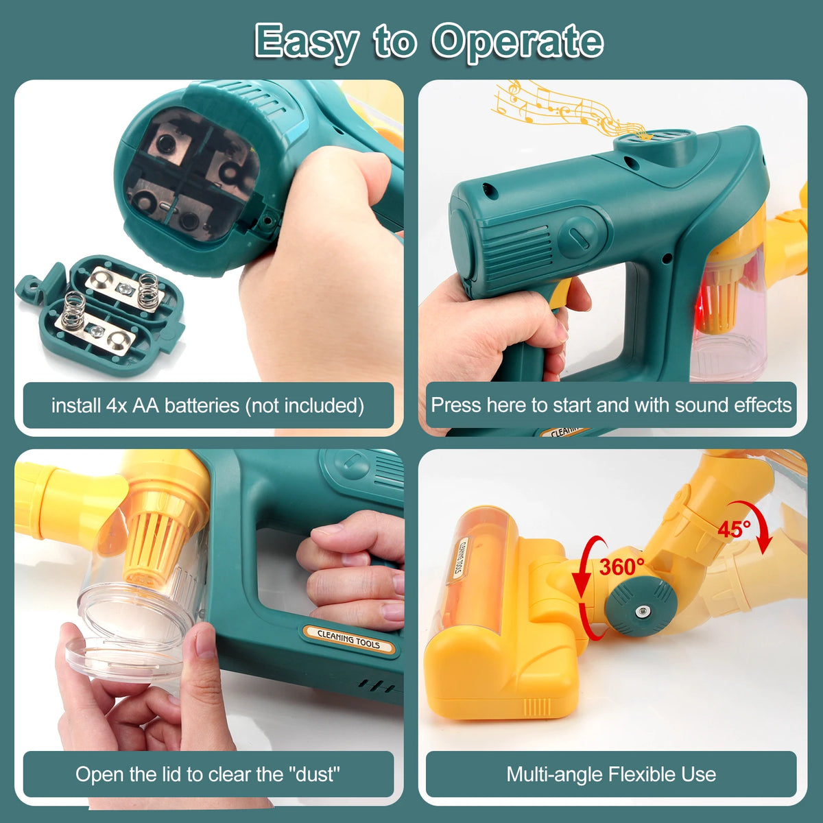 A green toy vacuum cleaner is shown with instructions for battery installation, operation, and multi-angle flexible use.