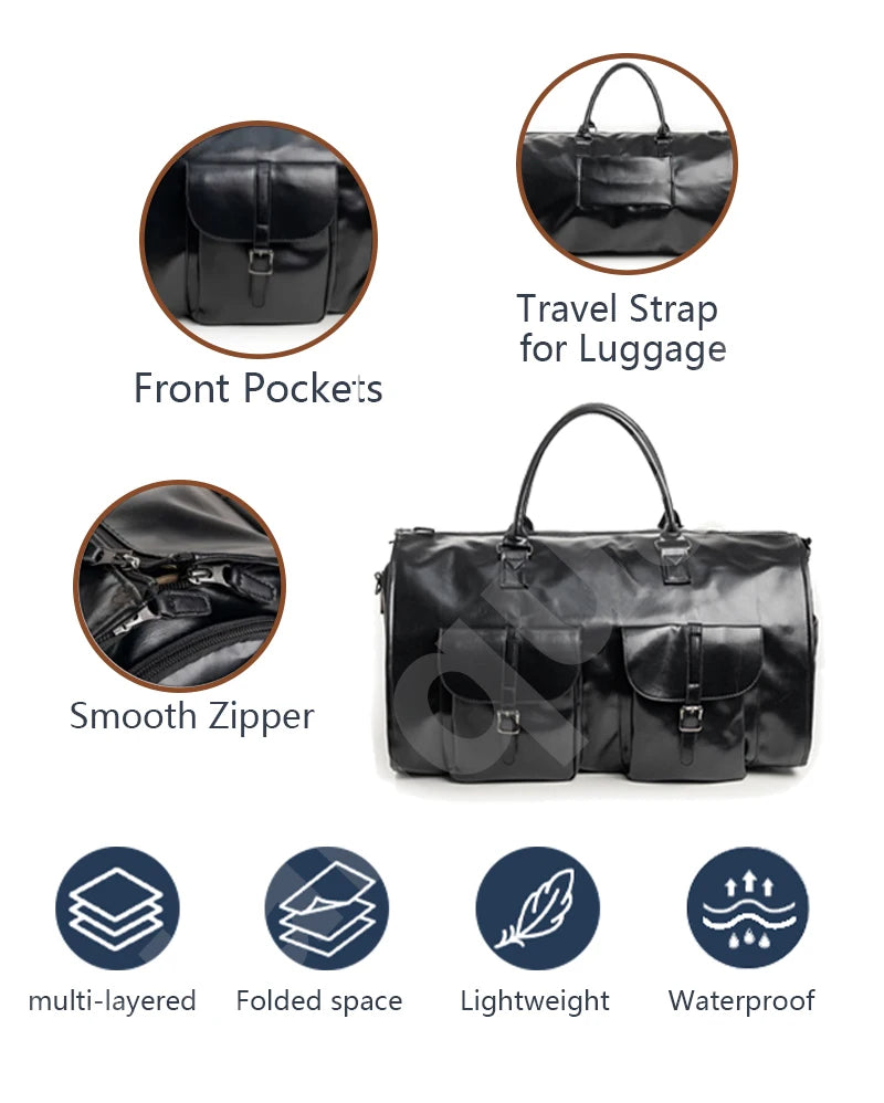 Schwarze Leder-Reisetasche mit Tragegurt, glattem Reißverschluss, mehrlagigem Design, Falträumen, leicht und wasserabweisend
