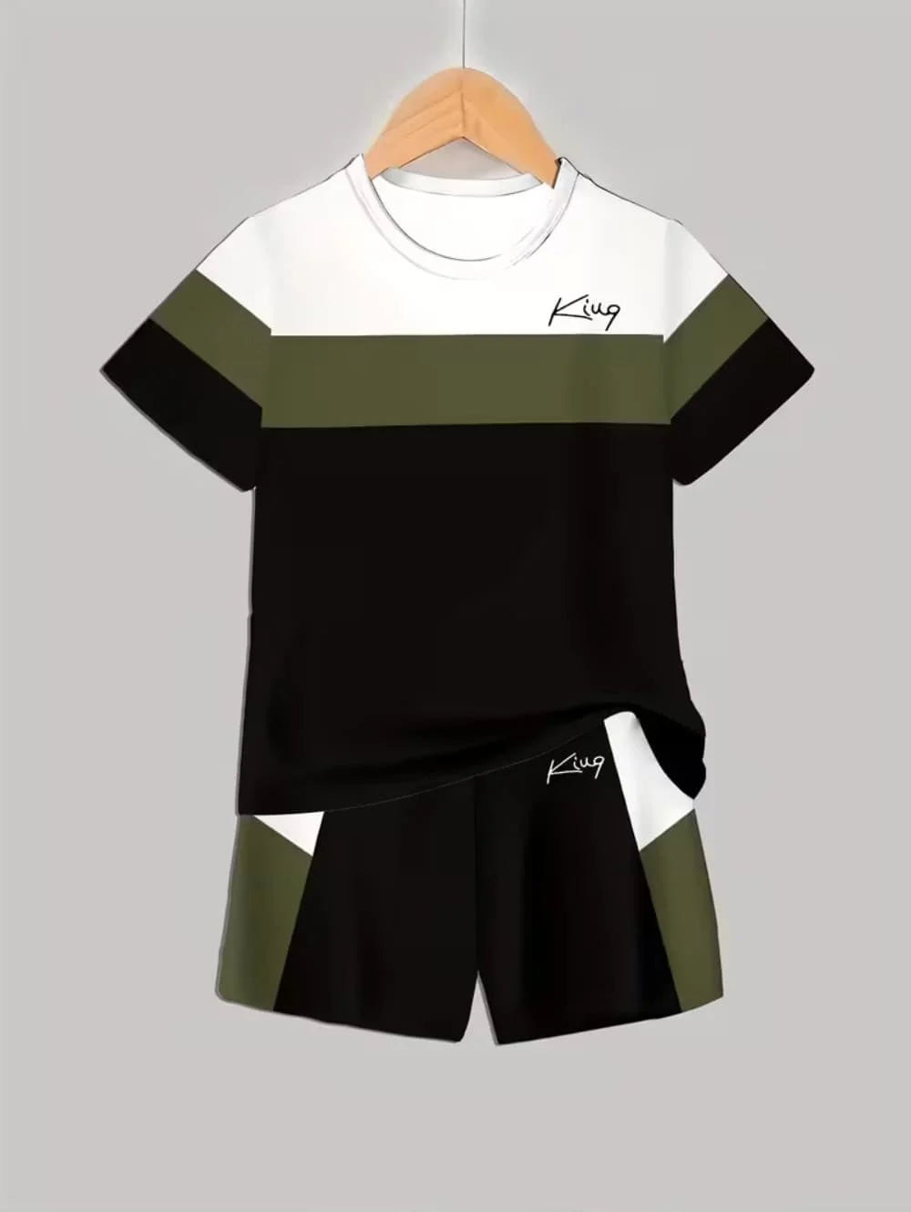 A black and olive green colorblock short sleeve t-shirt and matching shorts set displayed on a hanger.