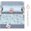 Light blue and green patterned waterproof baby mattress protector with a cute cartoon elephant design